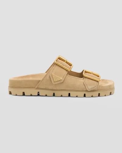 Prada Suede Double-buckle Slide Sandals In Ecru