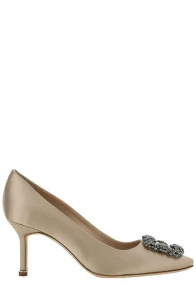 Manolo Blahnik Hangisi Buckle Embellished Pumps In Beige