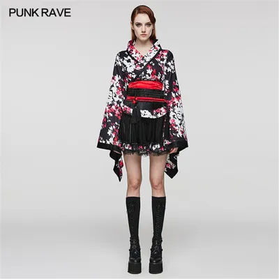 Pre-owned Punk Rave Women Floral Gothic Lolita Printed Four Piece Set Cosplay Kimono Dress In Red White