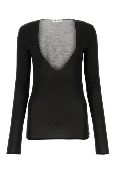 Saint Laurent Sheer Silk V-neck Knit With Textured Sleeves In Black