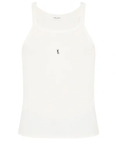 Saint Laurent Cassandre Logo Patch Cotton Tank Top In Ivory,black