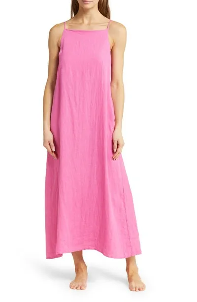 Desmond & Dempsey Print Square Neck Cotton Nightgown In Plain Linen Cerise