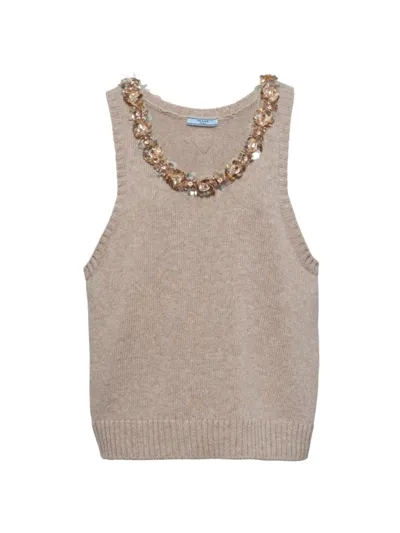 Prada Sleeveless Wool And Cashmere Top In Beige