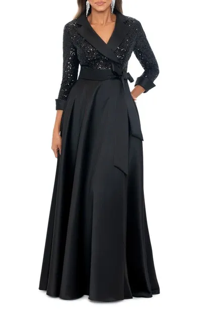 Xscape Sequin Long Sleeve Tux Ballgown In Black