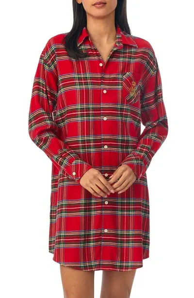 Lauren Ralph Lauren Women's Long-sleeve His Shirt Ballet Sleepshirt In Red Plaid