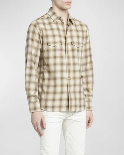 Tom Ford Men's Gradient Check Western Button-down Shirt In Beige