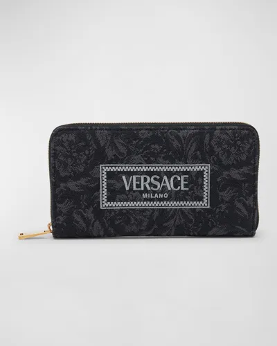 Versace Embroidered-logo Jacquard Wallet In Gray