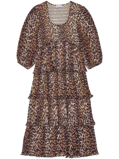 Ganni Leopard-print Short-sleeve Layered Midi Dress In Animalier