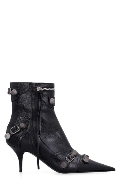 Balenciaga Cagole Patent Pointy Toe Ankle Boots In Black