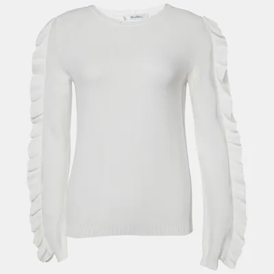 Pre-owned Max Mara White Ruffled Cotton Knit Sweater S