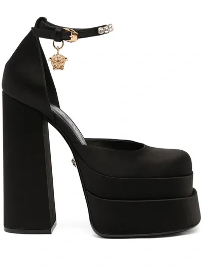 Versace 'aevitas' Black Pumps With Medusa Charm And Platform In Silk Blend Woman