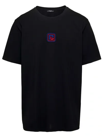 Balmain Black T-shirt With Front Logo Embroidery In Organic Cotton Man