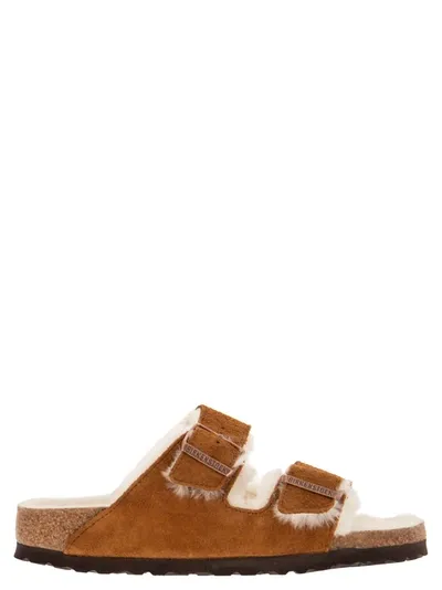 Birkenstock Arizona - Suede Lamb Fur Slipper In Mink