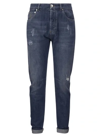 Brunello Cucinelli Five-pocket Leisure Fit Trousers In Old Denim With Rips In Denim Blue