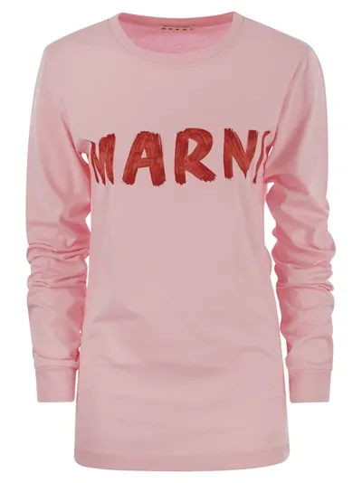 Marni Long-sleeved Cotton T-shirt With  Lettering In Pink