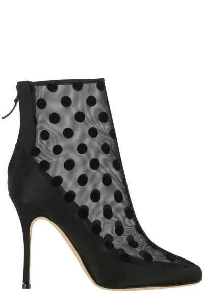 Manolo Blahnik Mukinka Mesh Polka-dot Ankle Boots In Black