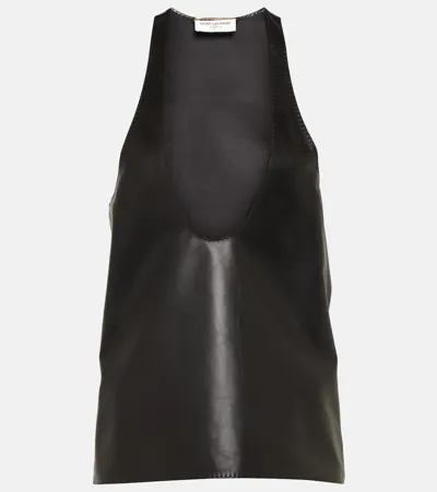 Saint Laurent Scoop Neck Leather Tank Top In Black