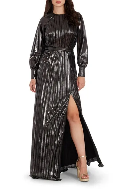 Dress The Population Calista Metallic Jacquard Stripe Long Sleeve Gown In Gunmetal