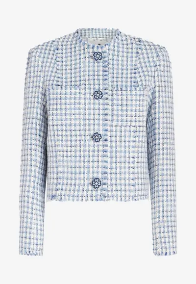 Etro Round-neck Tweed Jacket In Blue