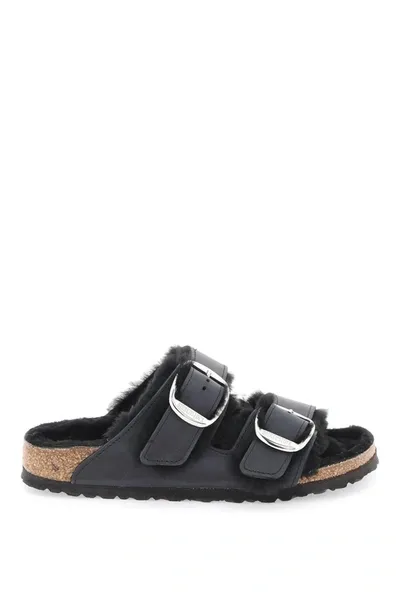 Birkenstock Arizona Big Buckle Mules In Teddy In Black