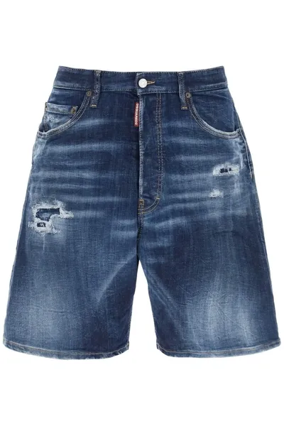 Dsquared2 Logo Tab Distressed Denim Shorts In Blue