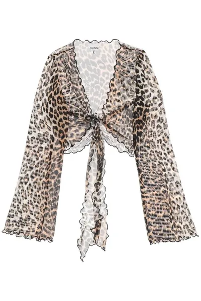 Ganni Leopard-print Mesh Crop Top In Beige,black