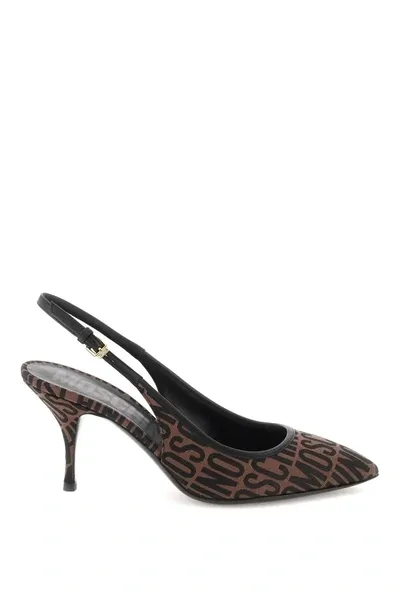 Moschino Jacquard Logo Slingback Pumps In Brown,black