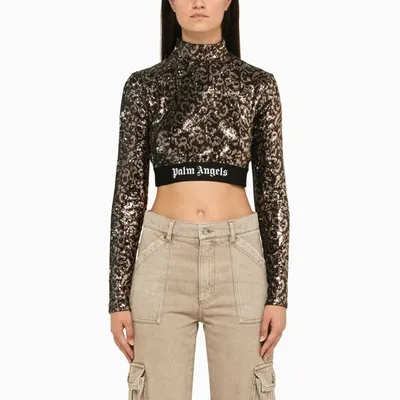 Palm Angels Mockneck Sequined Crop Top In Brown Black