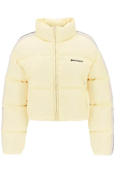 Palm Angels Cropped Puffer Jacket With Bands On Sleeves In White