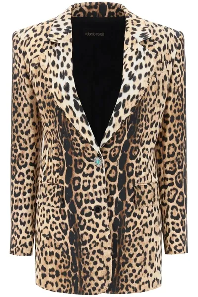 Roberto Cavalli Jaguar Printed Single Breasted Blazer In Beige,black