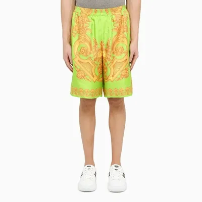 Versace Barocco 660 Silk Shorts In Lime,gold