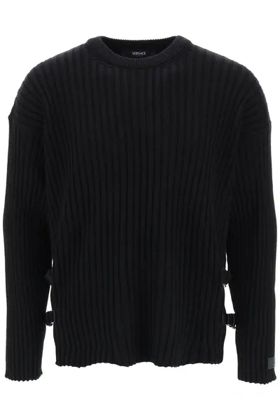 Versace Crocodile-pattern Cable-knit Jumper In Black