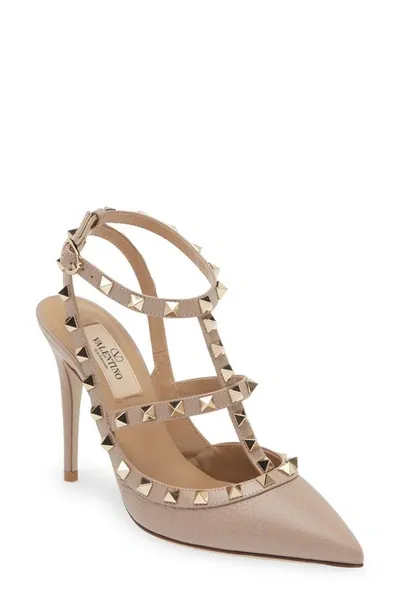 Valentino Garavani Rockstud T-strap Pointed Toe Pump In Beige