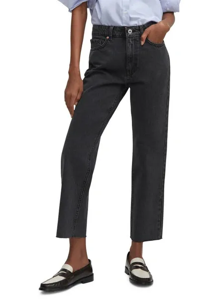 Mango Raw Hem Crop Straight Leg Jeans In Black Denim