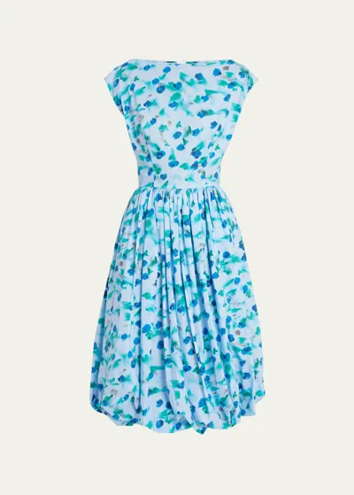 Marni Floral Print Midi Dress With Balloon Skirt In Light Blue