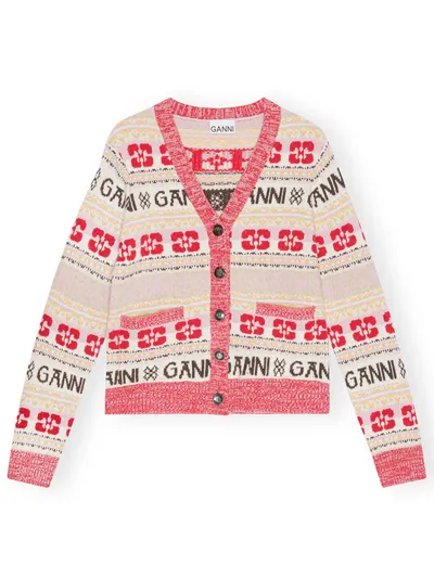 Ganni Logo-intarsia Wool-blend Cardigan In Multicolor