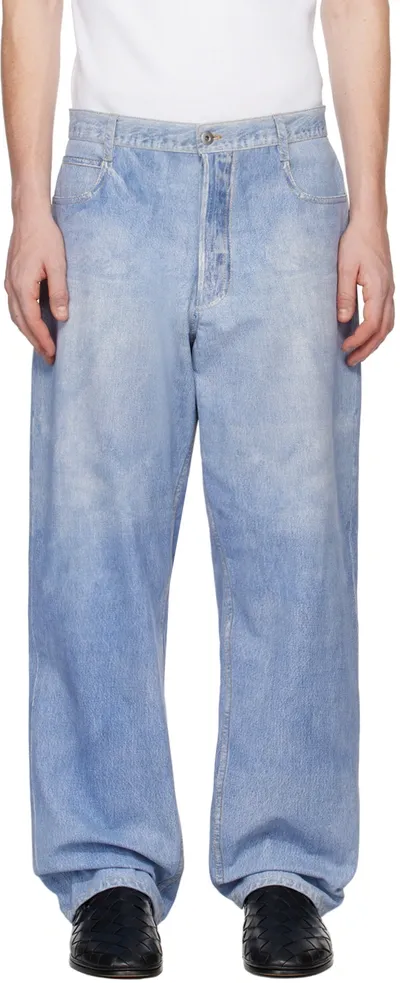 Bottega Veneta Blue Printed Leather Pants In 4942-light Blue