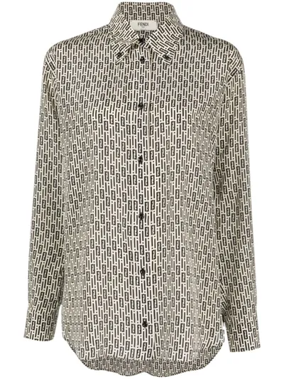 Fendi Print Silk Shirt In Ivory,black