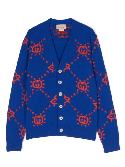 Gucci Kids' Wool Cardigan With Intarsia In Blue