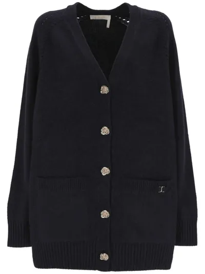 Chloé Navy Blue Cashmere Blend Cardigan In Multicolor