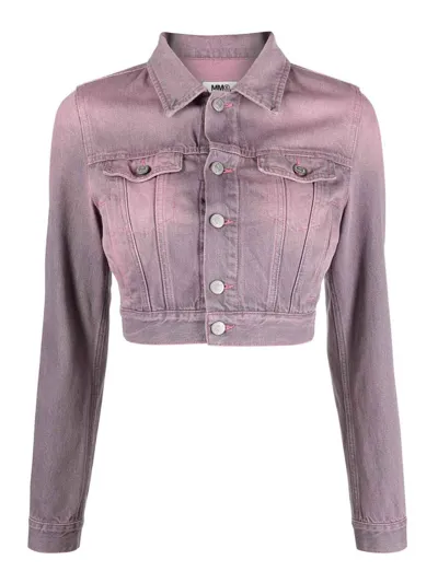 Mm6 Maison Margiela Distressed Cropped Denim Jacket In Pink