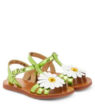 Pom D'api Kids' Plagette Big Flo Leather Sandals In Green