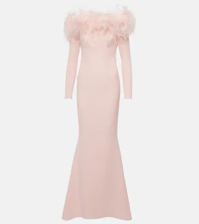 Safiyaa Feather-trimmed Off-shoulder Gown In Pink