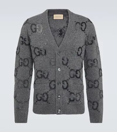 Gucci Cardigan Aus Wolle Mit Gg Intarsie In Grey