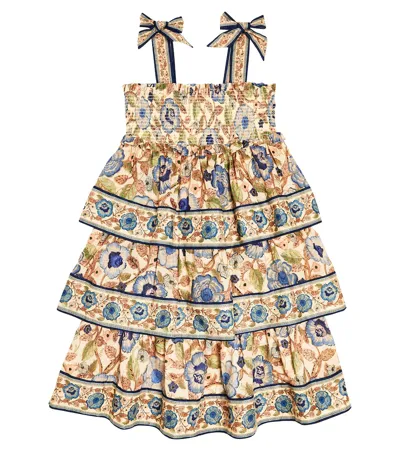 Zimmermann Kids' Junie Floral-print Shirred Tiered Dress In Spliced