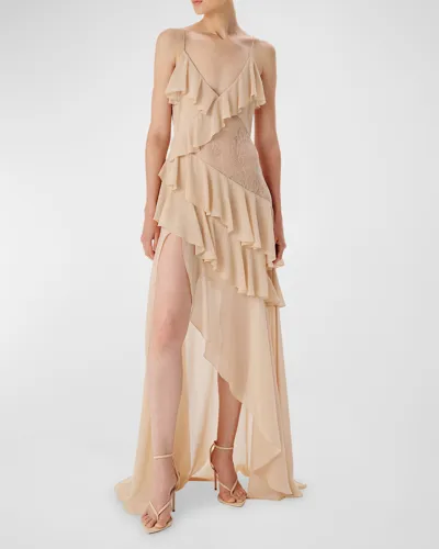 Ronny Kobo Luke Tiered Ruffle Chiffon And Lace High-low Dress In Nude