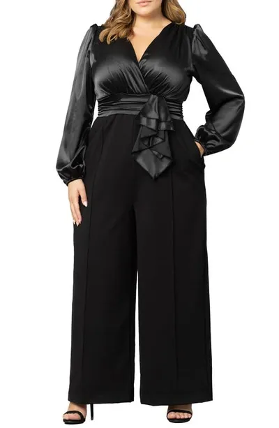 Kiyonna Refined Puff Shoulder Long Sleeve Wide Leg Jumpsuit In Onyx