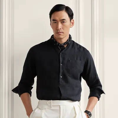 Ralph Lauren Purple Label Textured Linen Popover Shirt In Black