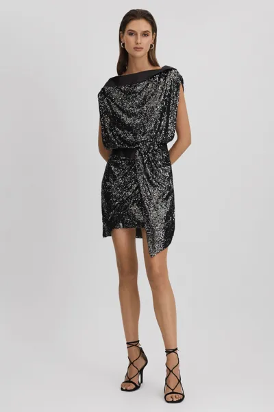 Halston Tyler Draped Cap-sleeve Sequin Mini Dress In Grey