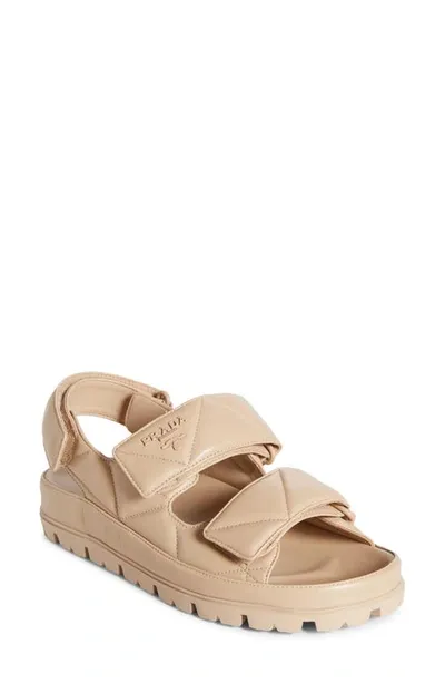 Prada Diagram Double Strap Slide Sandal In Beige